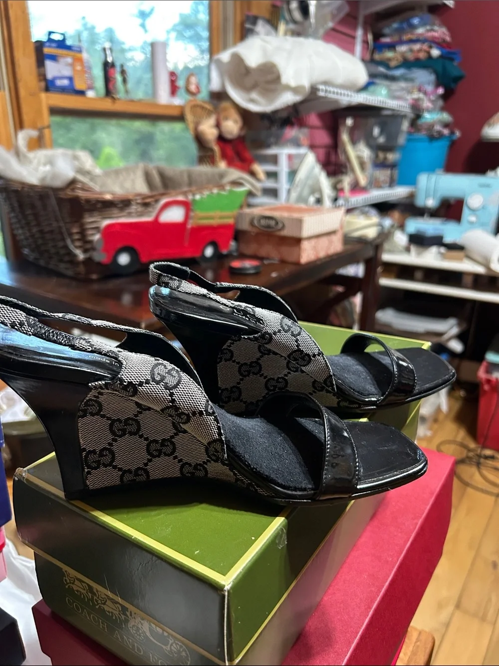 Gucci Black Monogram Patent Leather Heel Sandals